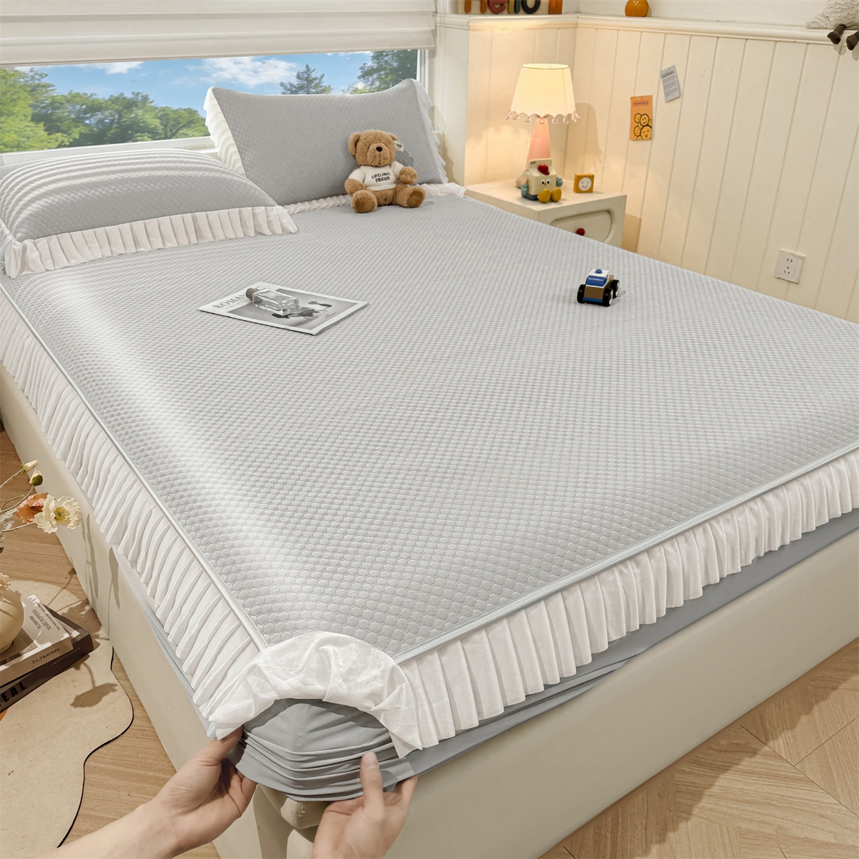 91家纺网 家纺一手货源 找家纺 雯豆家纺 2026新款A类凉感丝花边床笠款凉席席子凉席 凉感丝花边床笠-淡雅灰