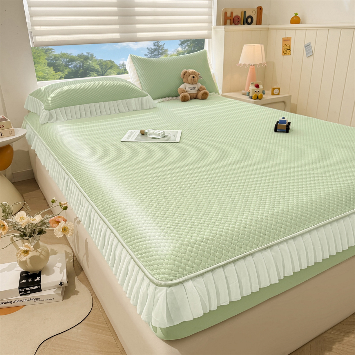 91家纺网 家纺一手货源 找家纺 雯豆家纺 2026新款A类凉感丝花边床笠款凉席席子凉席 凉感丝花边床笠-春辰绿