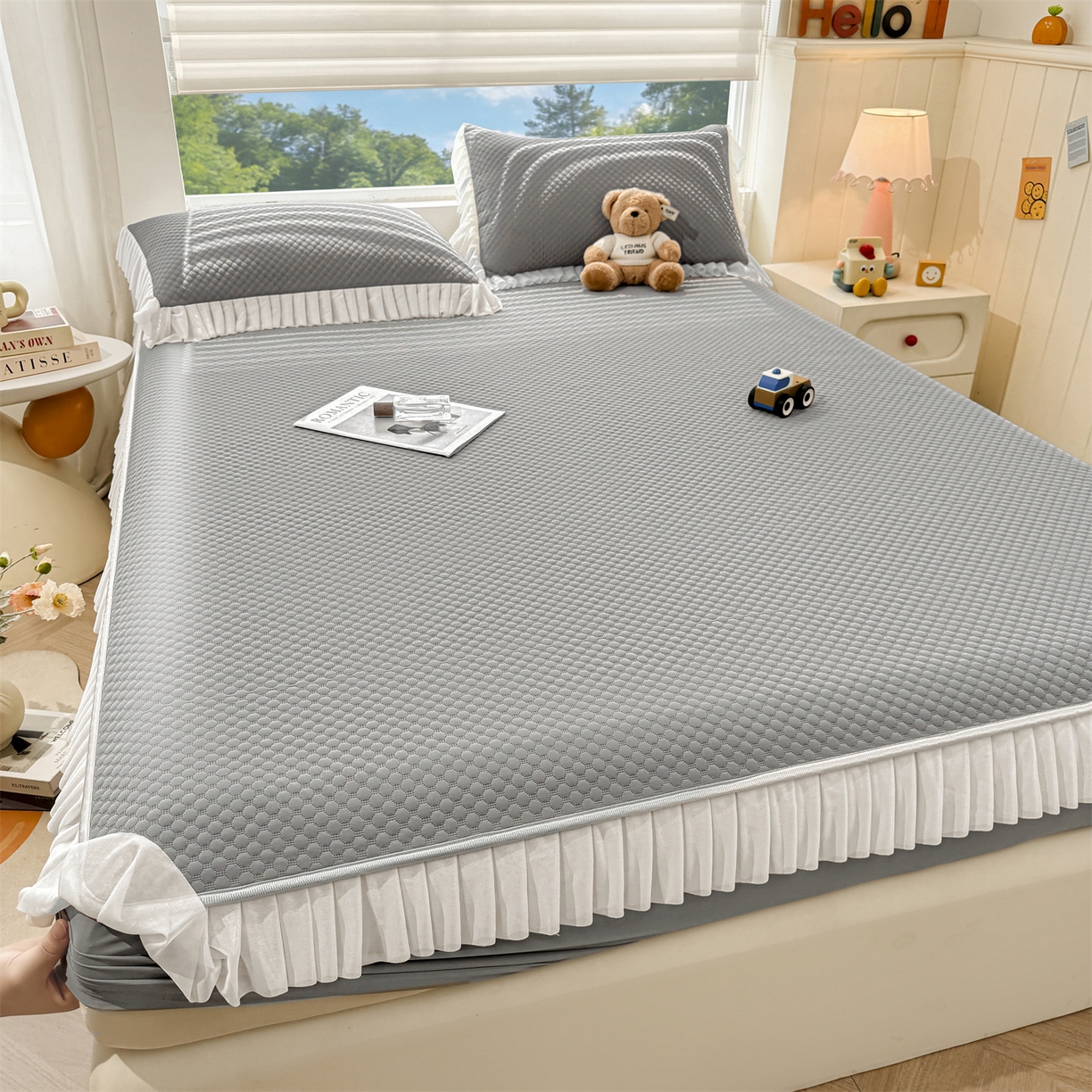 91家纺网 家纺一手货源 找家纺 雯豆家纺 2026新款A类凉感丝花边床笠款凉席席子凉席 凉感丝花边床笠-轻奢灰