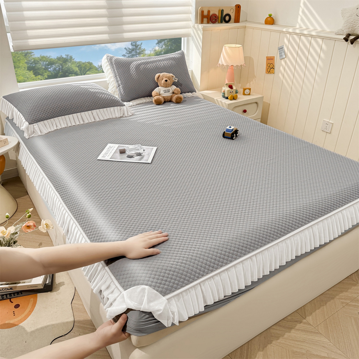 91家纺网 家纺一手货源 找家纺 雯豆家纺 2026新款A类凉感丝花边床笠款凉席席子凉席 凉感丝花边床笠-轻奢灰