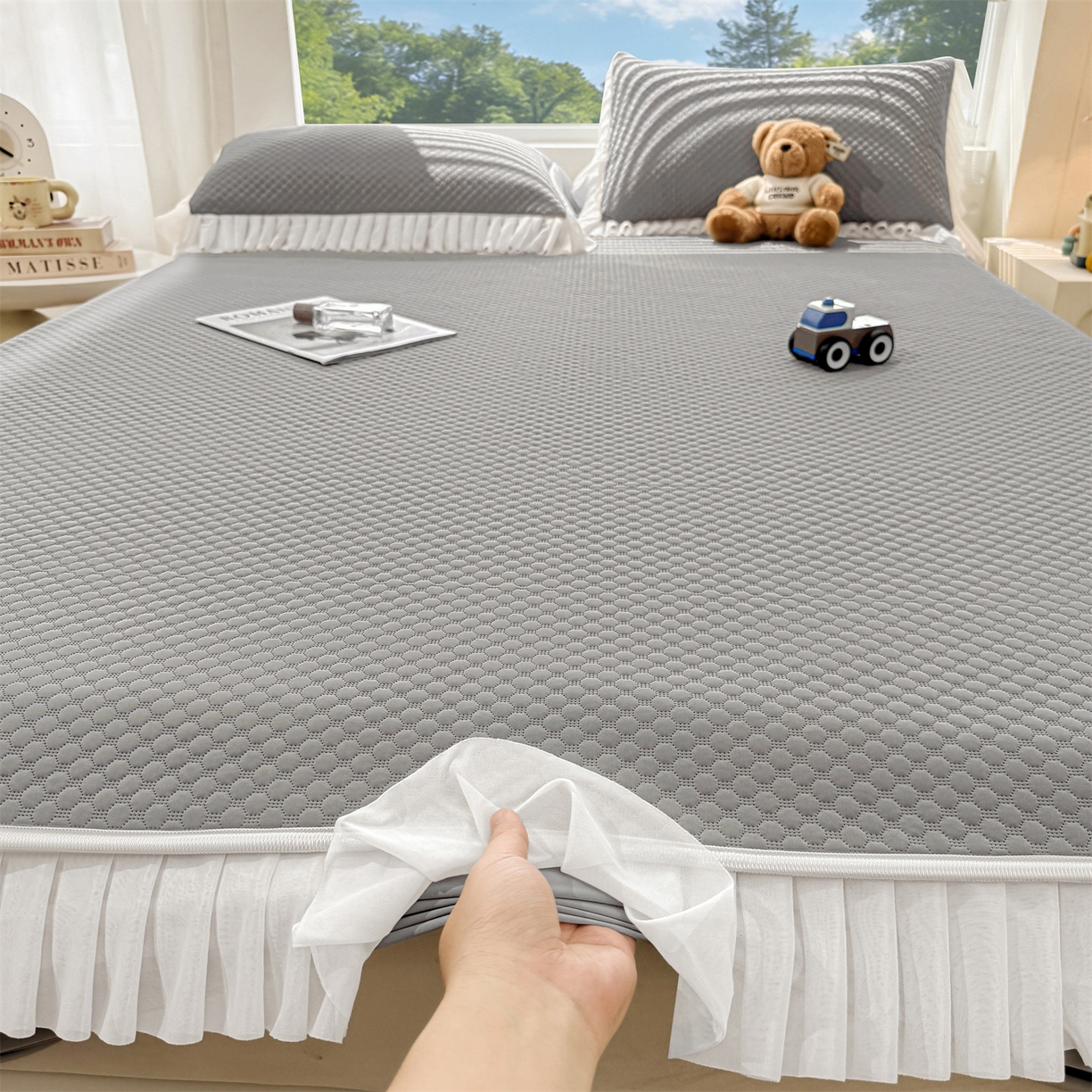 91家纺网 家纺一手货源 找家纺 雯豆家纺 2026新款A类凉感丝花边床笠款凉席席子凉席 凉感丝花边床笠-轻奢灰