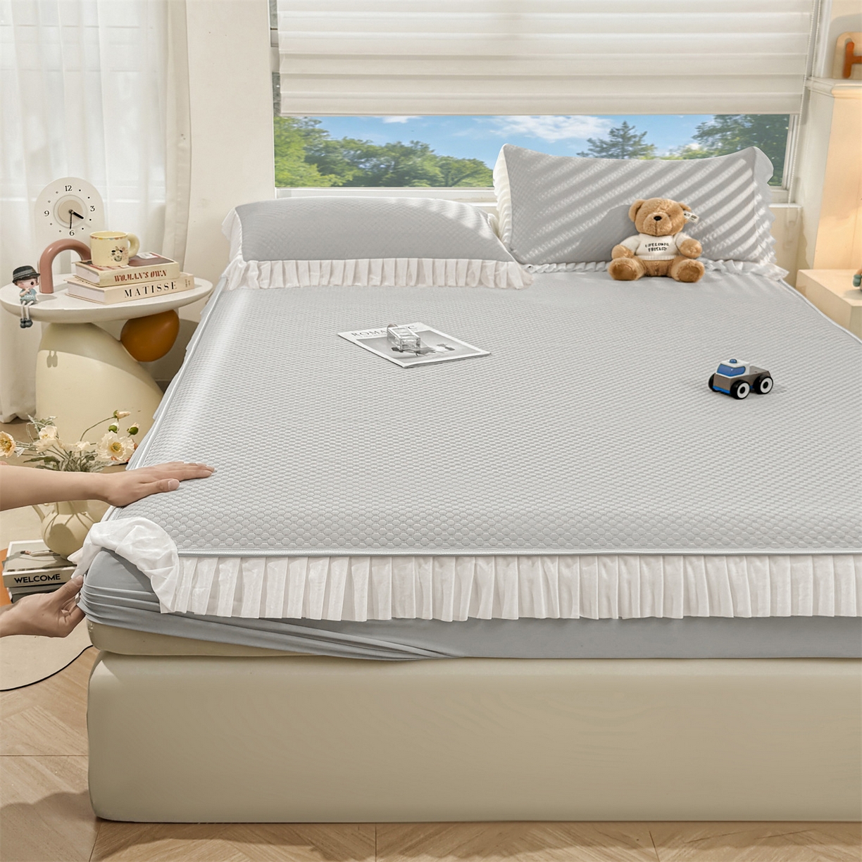 91家纺网 家纺一手货源 找家纺 雯豆家纺 2026新款A类凉感丝花边床笠款凉席席子凉席 凉感丝花边床笠-淡雅灰