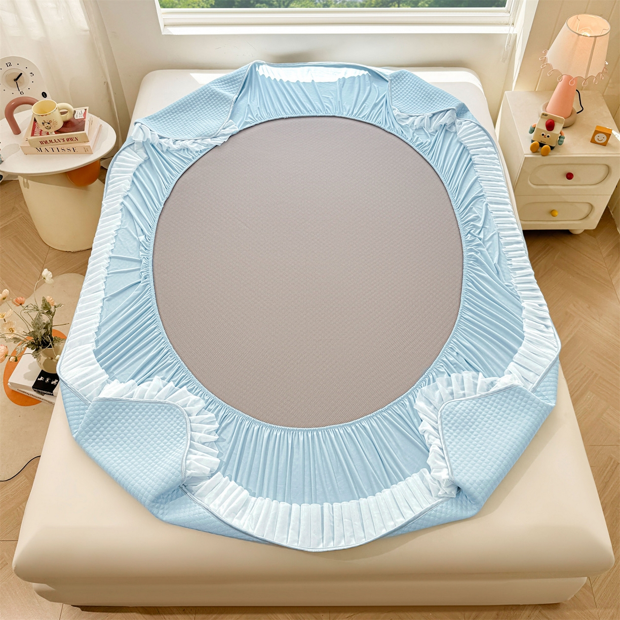 91家纺网 家纺一手货源 找家纺 雯豆家纺 2026新款A类凉感丝花边床笠款凉席席子凉席 凉感丝花边床笠-碧空蓝