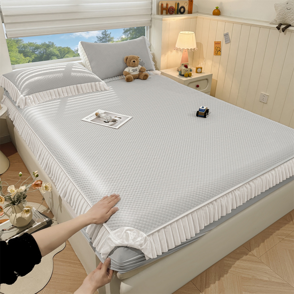 91家纺网 家纺一手货源 找家纺 雯豆家纺 2026新款A类凉感丝花边床笠款凉席席子凉席 凉感丝花边床笠-淡雅灰