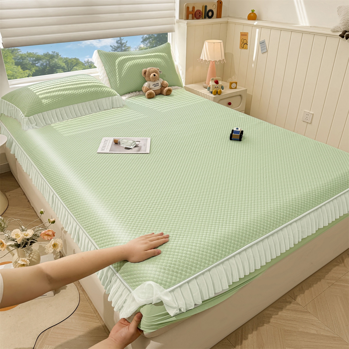 91家纺网 家纺一手货源 找家纺 雯豆家纺 2026新款A类凉感丝花边床笠款凉席席子凉席 凉感丝花边床笠-春辰绿