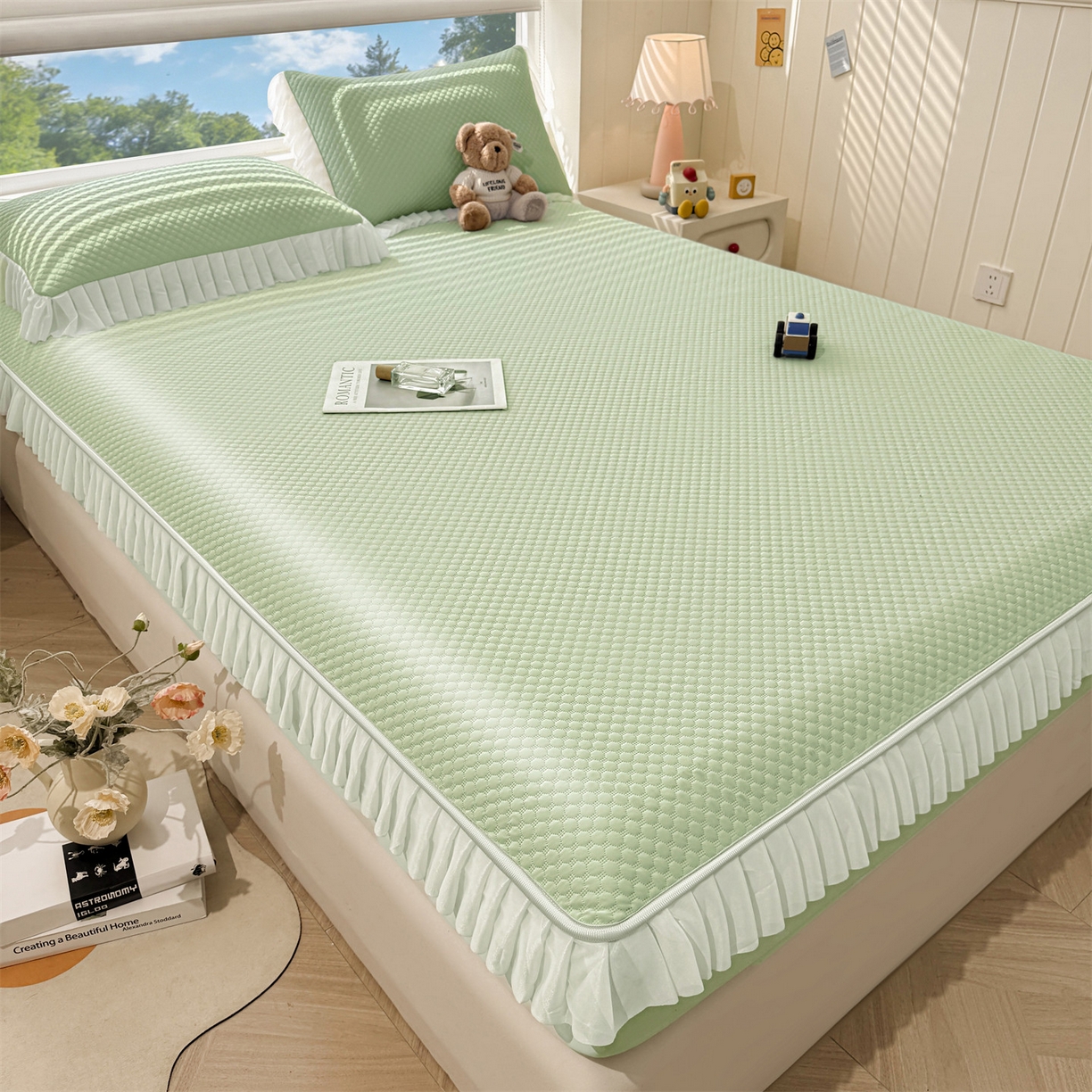 91家纺网 家纺一手货源 找家纺 雯豆家纺 2026新款A类凉感丝花边床笠款凉席席子凉席 凉感丝花边床笠-春辰绿