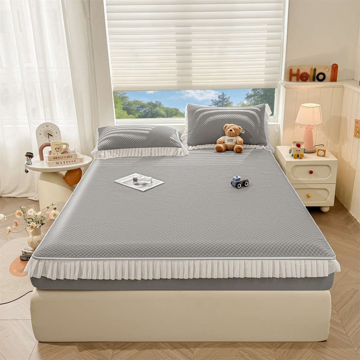 91家纺网 家纺一手货源 找家纺 雯豆家纺 2026新款A类凉感丝花边床笠款凉席席子凉席 凉感丝花边床笠-轻奢灰