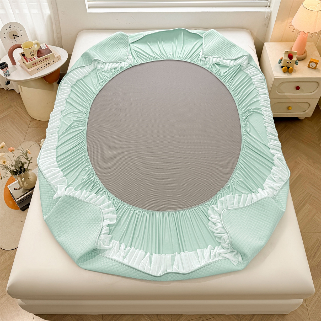 91家纺网 家纺一手货源 找家纺 雯豆家纺 2026新款A类凉感丝花边床笠款凉席席子凉席 凉感丝花边床笠-森林绿