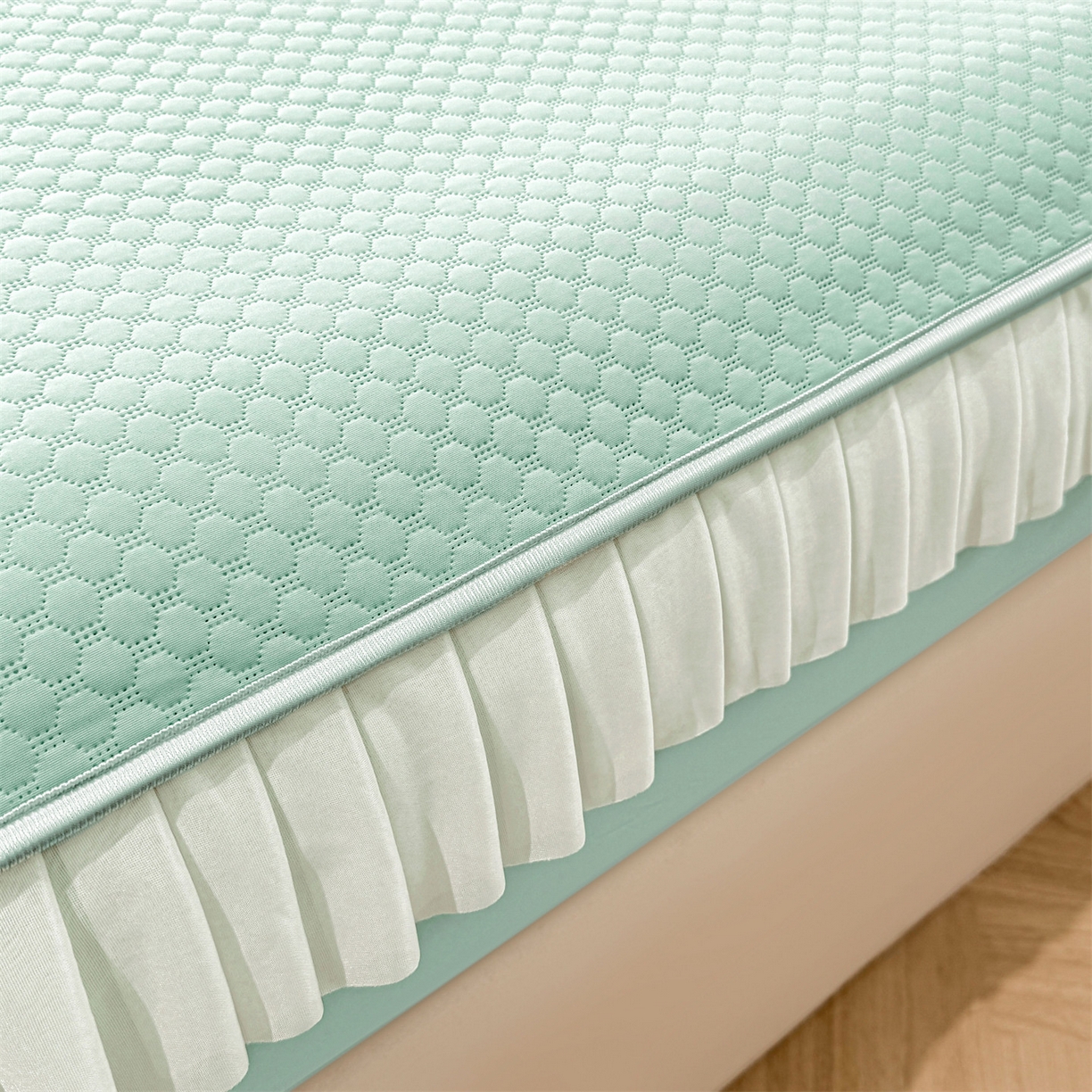 91家纺网 家纺一手货源 找家纺 雯豆家纺 2026新款A类凉感丝花边床笠款凉席席子凉席 凉感丝花边床笠-森林绿