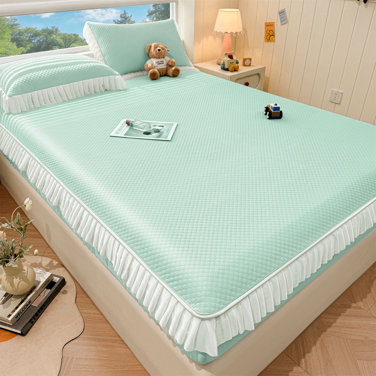 91家纺网 家纺一手货源 找家纺 雯豆家纺 2026新款A类凉感丝花边床笠款凉席席子凉席 凉感丝花边床笠-森林绿