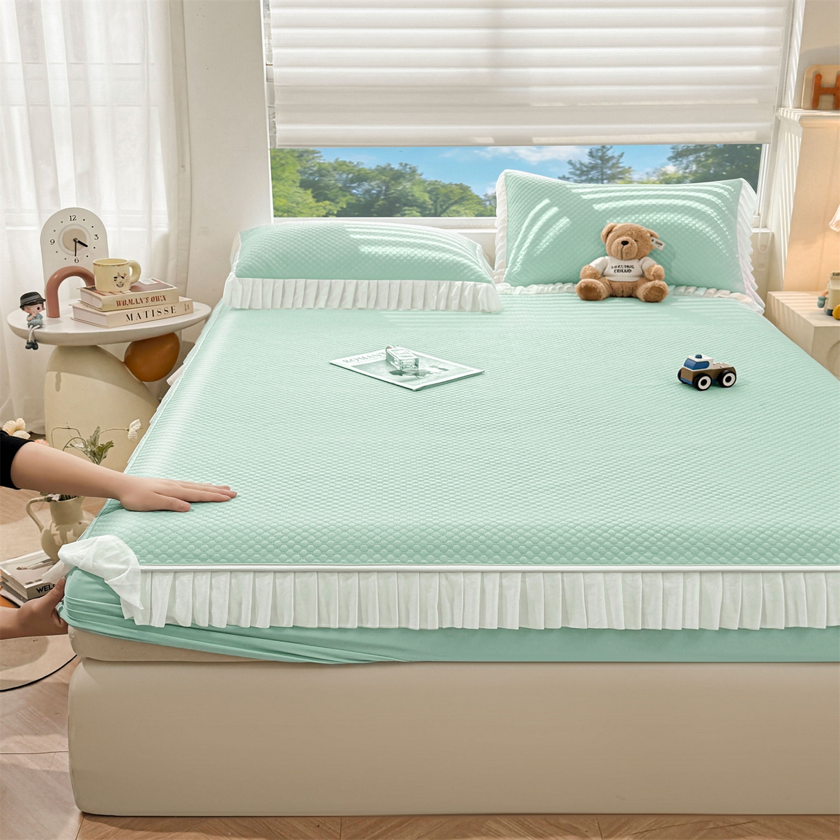 91家纺网 家纺一手货源 找家纺 雯豆家纺 2026新款A类凉感丝花边床笠款凉席席子凉席 凉感丝花边床笠-森林绿