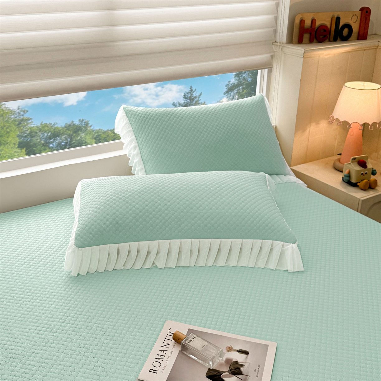 91家纺网 家纺一手货源 找家纺 雯豆家纺 2026新款A类凉感丝花边床笠款凉席席子凉席 凉感丝花边床笠-森林绿