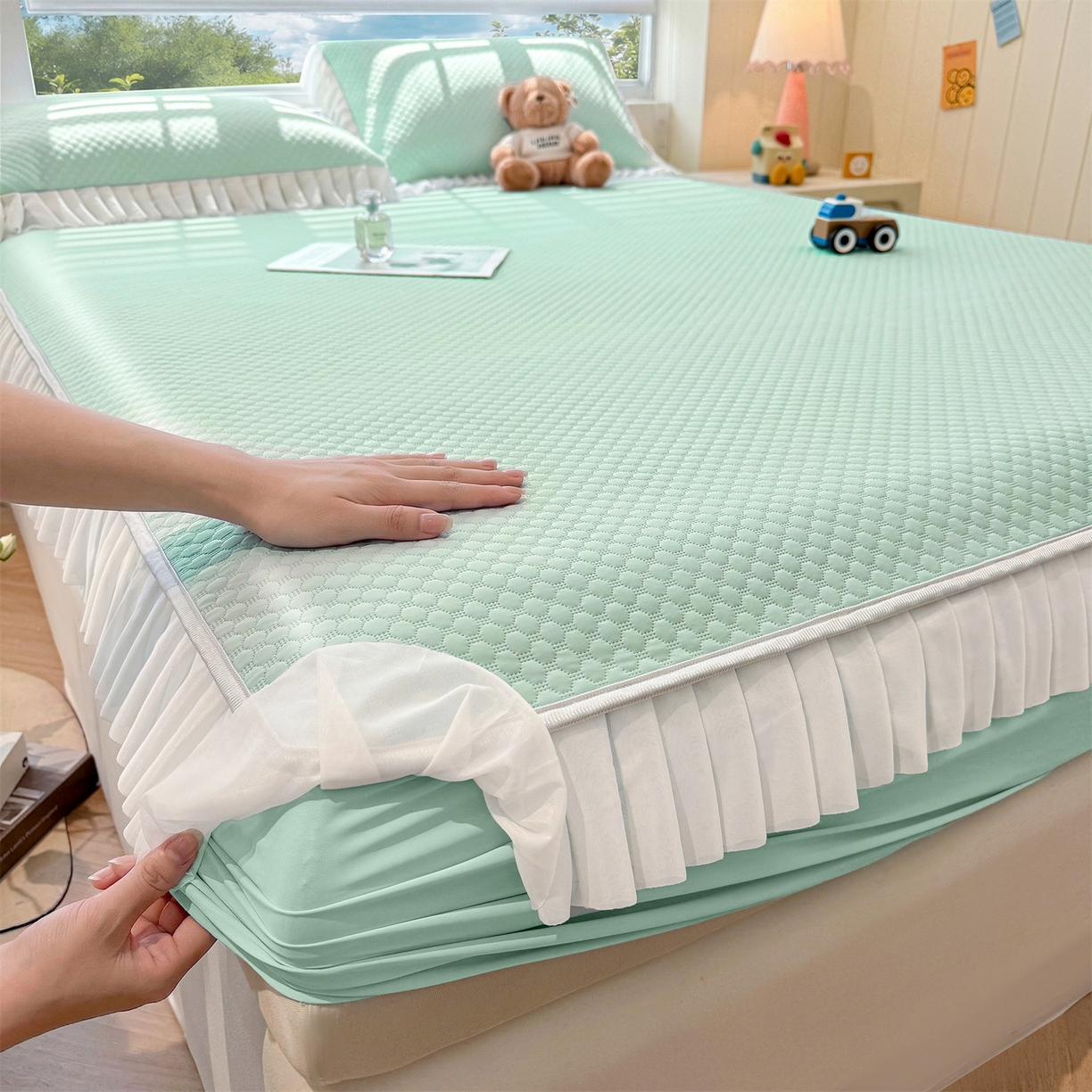 91家纺网 家纺一手货源 找家纺 雯豆家纺 2026新款A类凉感丝花边床笠款凉席席子凉席 凉感丝花边床笠-森林绿