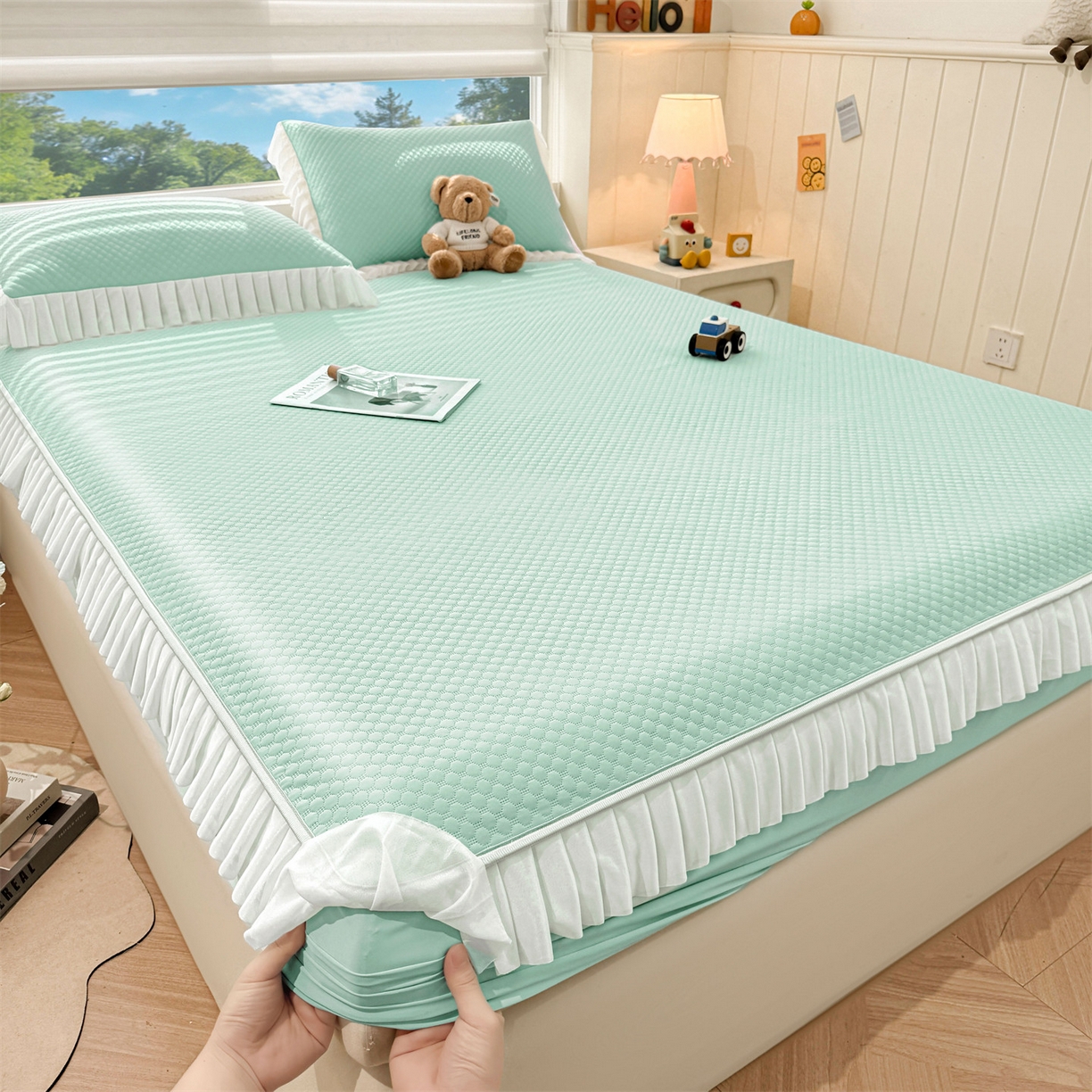 91家纺网 家纺一手货源 找家纺 雯豆家纺 2026新款A类凉感丝花边床笠款凉席席子凉席 凉感丝花边床笠-森林绿