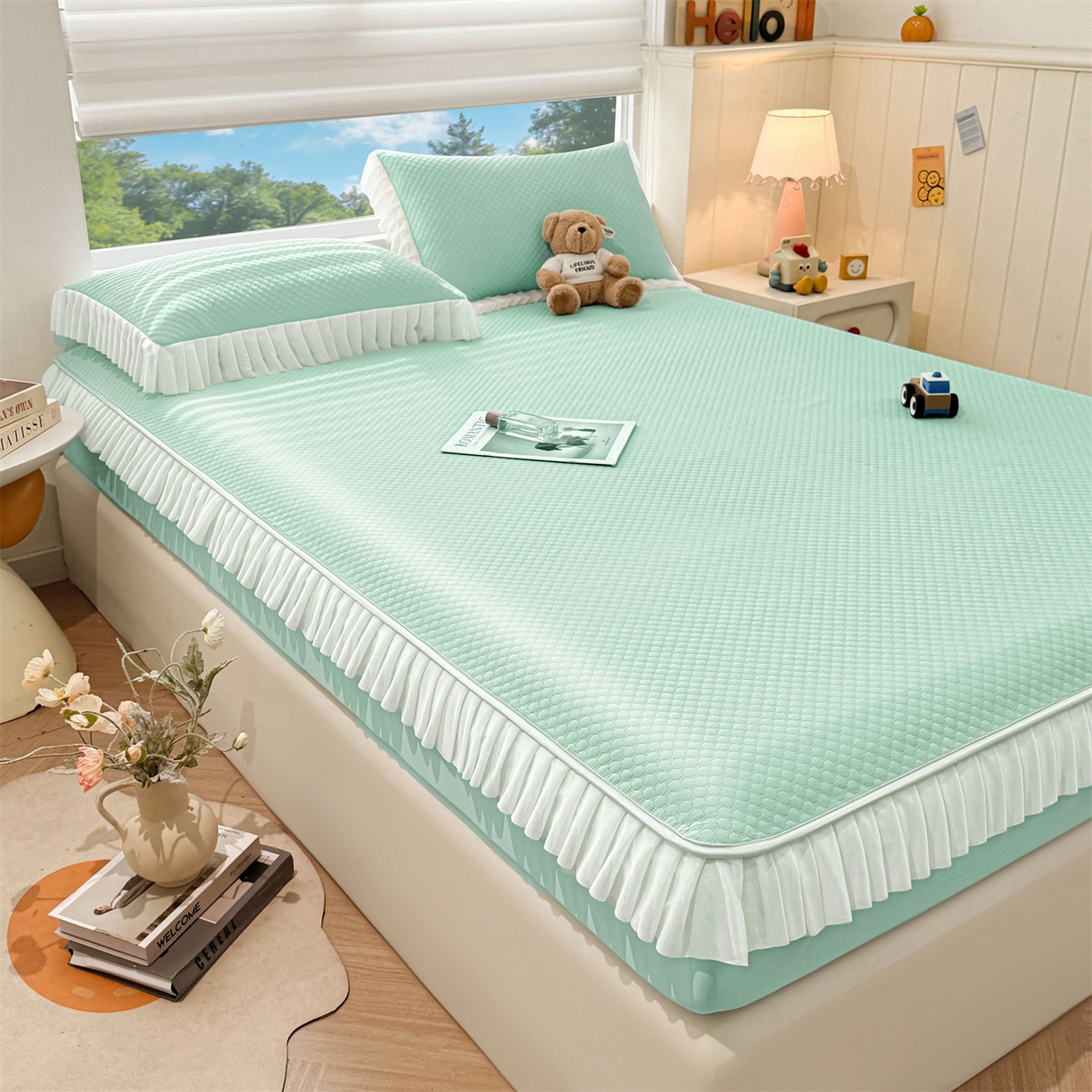 91家纺网 家纺一手货源 找家纺 雯豆家纺 2026新款A类凉感丝花边床笠款凉席席子凉席 凉感丝花边床笠-森林绿