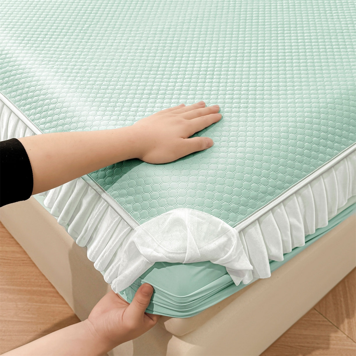 91家纺网 家纺一手货源 找家纺 雯豆家纺 2026新款A类凉感丝花边床笠款凉席席子凉席 凉感丝花边床笠-森林绿