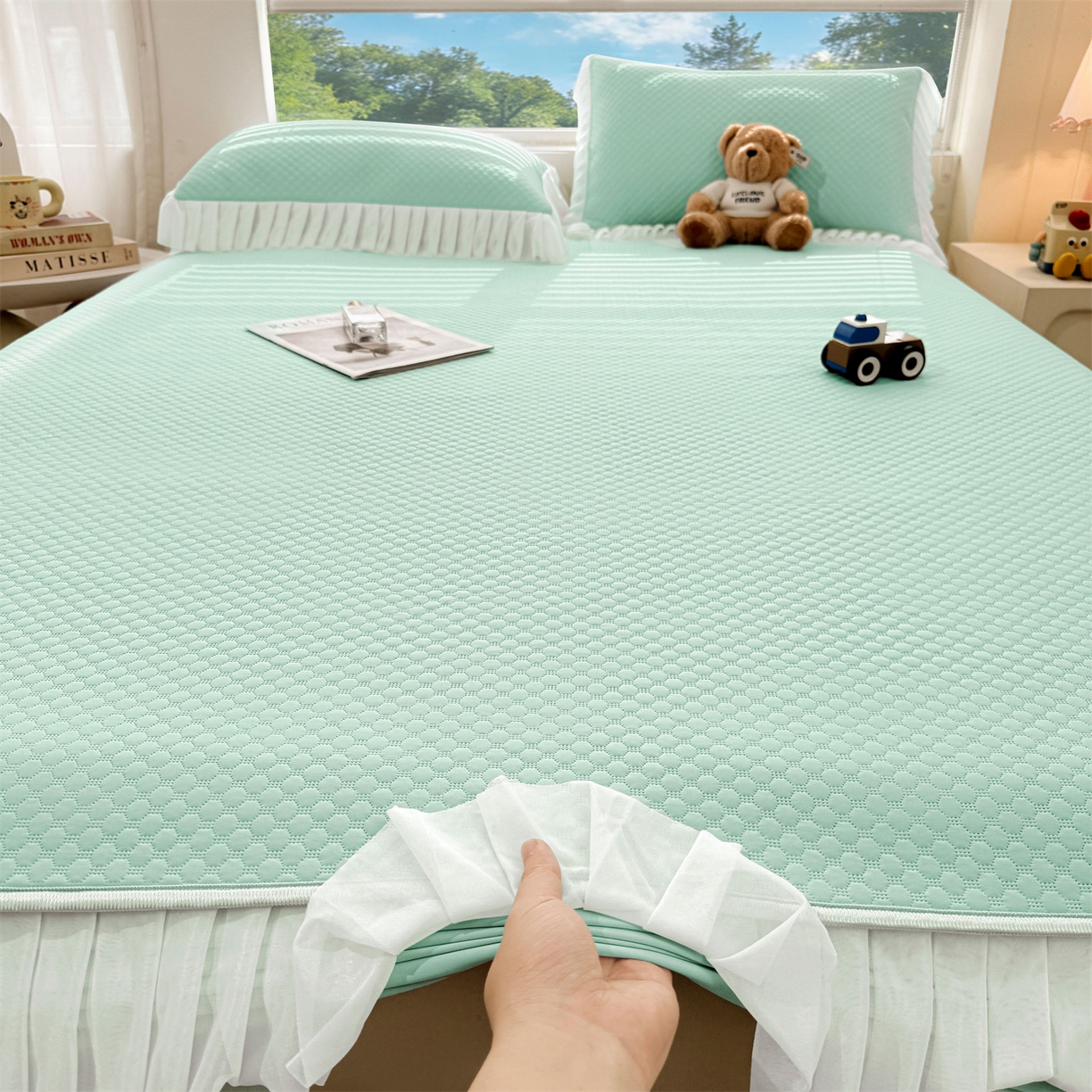 91家纺网 家纺一手货源 找家纺 雯豆家纺 2026新款A类凉感丝花边床笠款凉席席子凉席 凉感丝花边床笠-森林绿