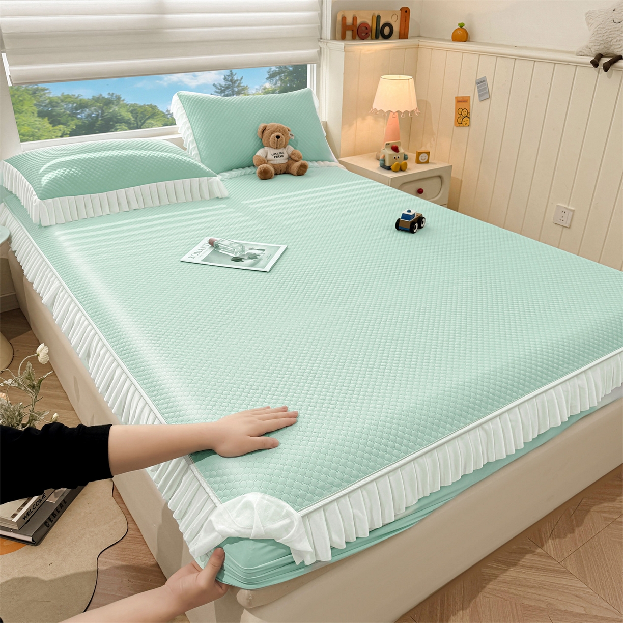 91家纺网 家纺一手货源 找家纺 雯豆家纺 2026新款A类凉感丝花边床笠款凉席席子凉席 凉感丝花边床笠-森林绿