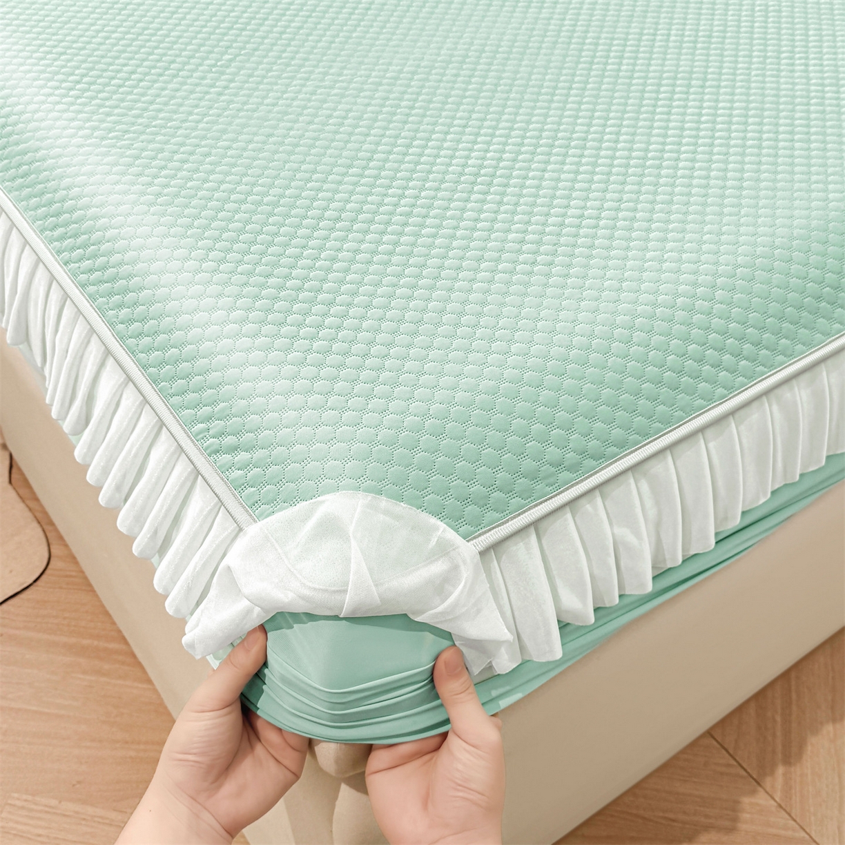 91家纺网 家纺一手货源 找家纺 雯豆家纺 2026新款A类凉感丝花边床笠款凉席席子凉席 凉感丝花边床笠-森林绿