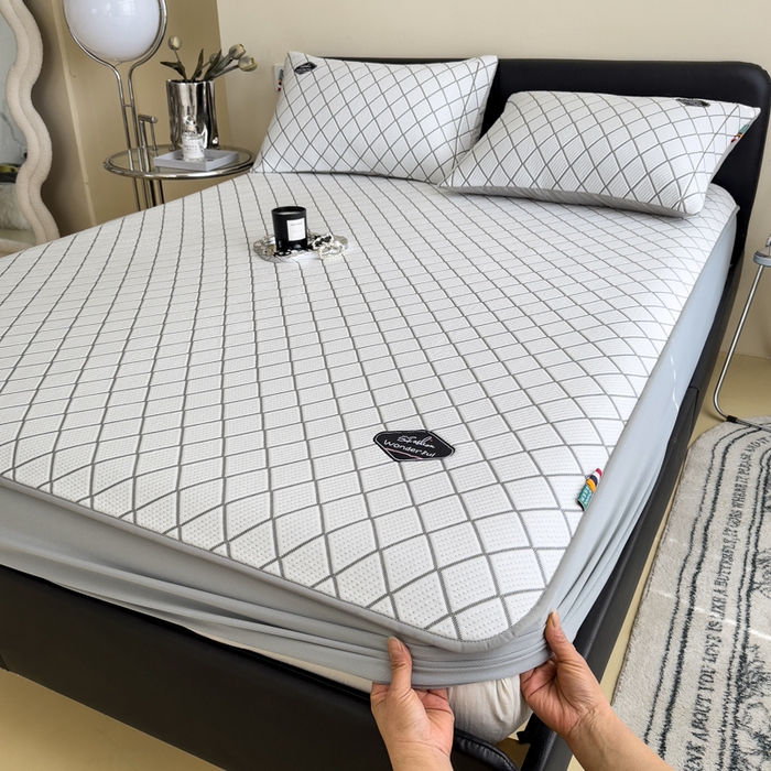 91家纺网 家纺一手货源 找家纺 印季家纺 2026新款轻奢简约凉感丝泡泡席-格调凉席（床笠款） 银灰