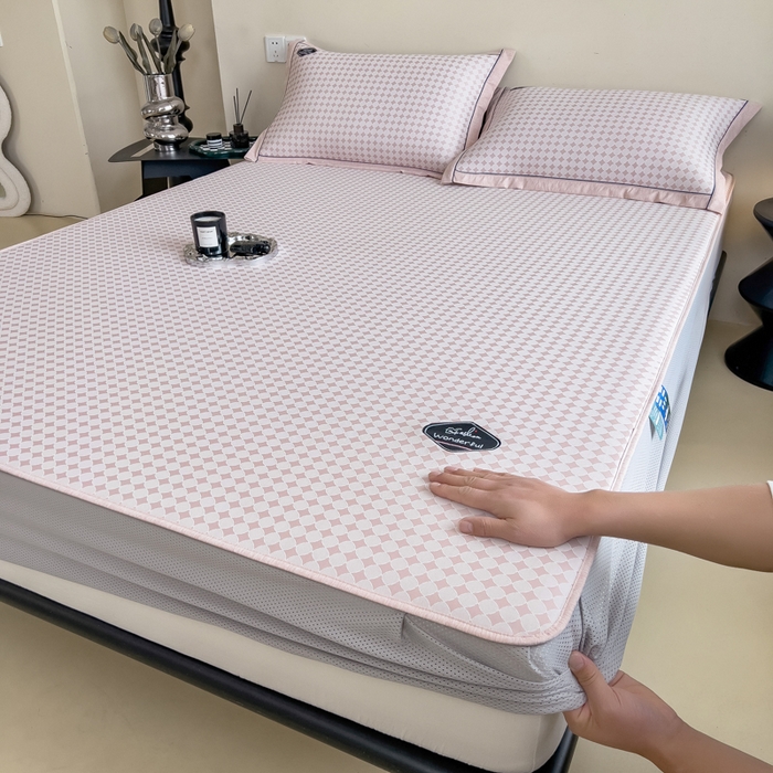 91家纺网 家纺一手货源 找家纺 印季家纺 2026新款凉感系列-丝滑凉感丝软席（床笠款） 圆点-粉色