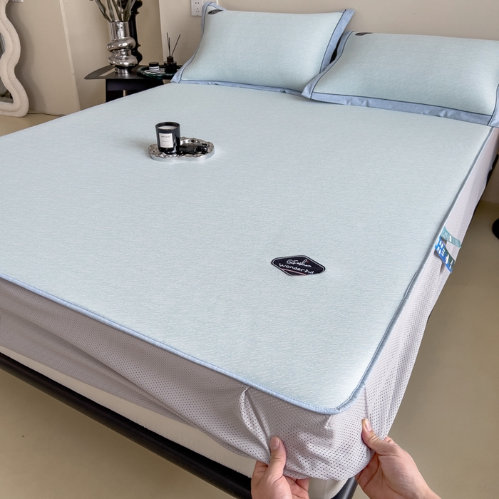 91家纺网 家纺一手货源 找家纺 印季家纺 2026新款凉感系列-丝滑凉感丝软席（床笠款） 肌理纹-蓝色