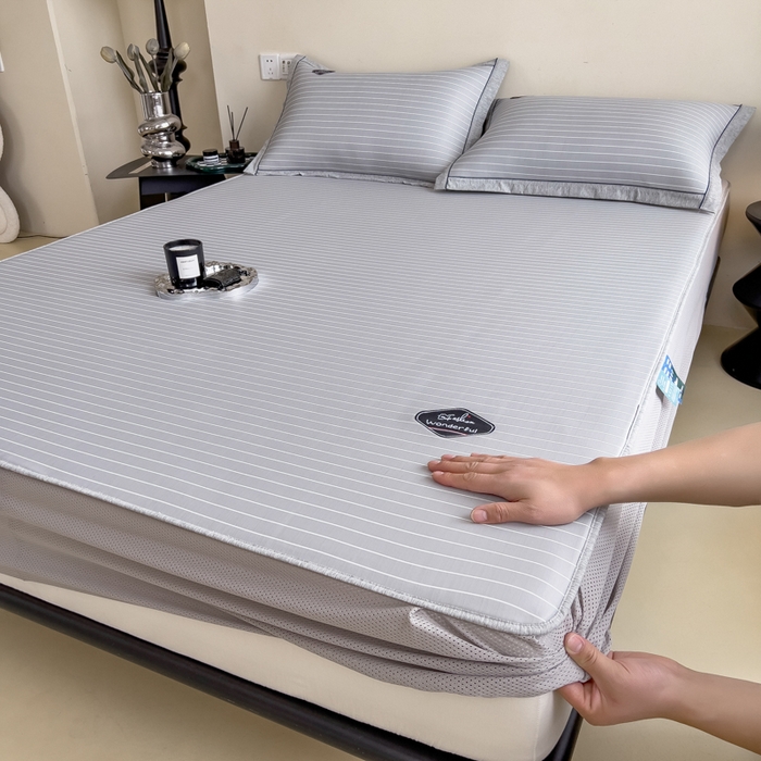 91家纺网 家纺一手货源 找家纺 印季家纺 2026新款凉感系列-丝滑凉感丝软席（床笠款） 条纹-灰色