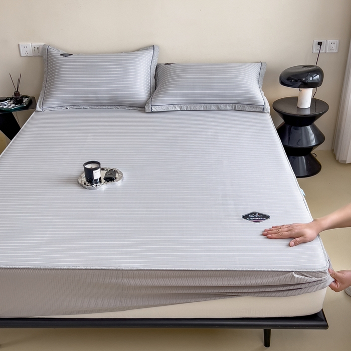 91家纺网 家纺一手货源 找家纺 印季家纺 2026新款凉感系列-丝滑凉感丝软席（床笠款） 条纹-灰色