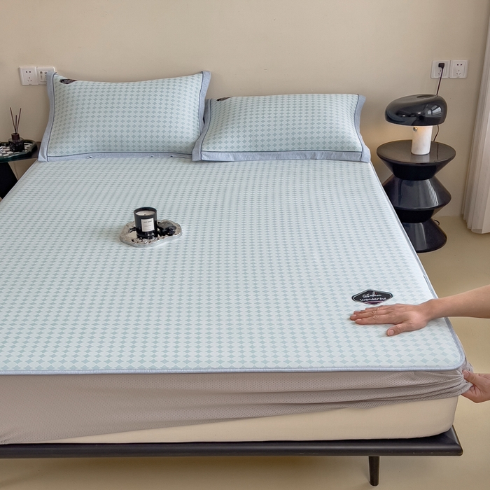 91家纺网 家纺一手货源 找家纺 印季家纺 2026新款凉感系列-丝滑凉感丝软席（床笠款） 圆点-蓝色