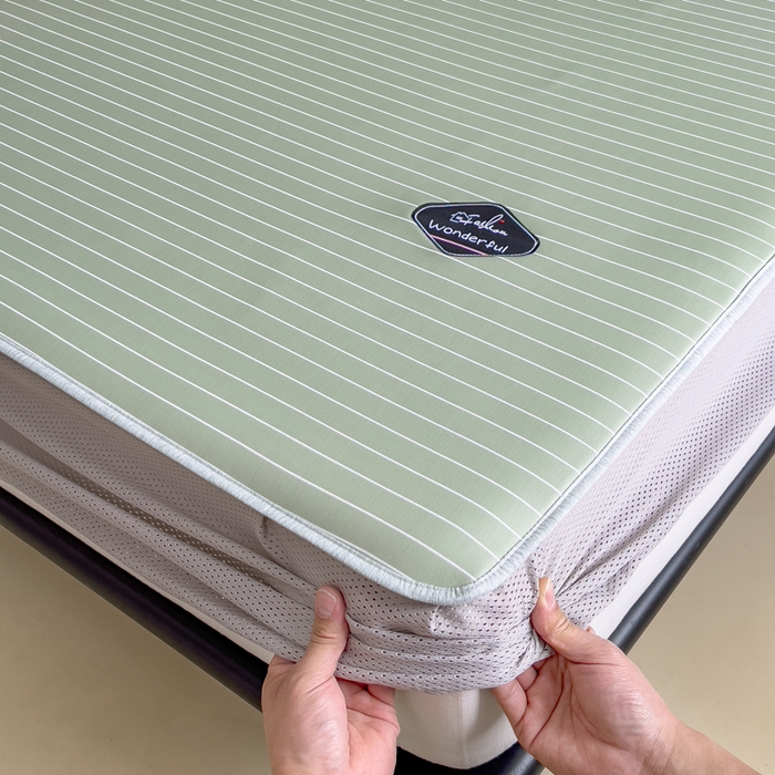 91家纺网 家纺一手货源 找家纺 印季家纺 2026新款凉感系列-丝滑凉感丝软席（床笠款） 条纹-绿色