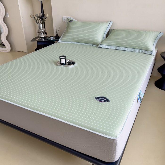 91家纺网 家纺一手货源 找家纺 印季家纺 2026新款凉感系列-丝滑凉感丝软席（床笠款） 条纹-绿色