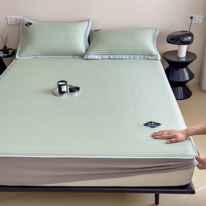 91家纺网 家纺一手货源 找家纺 印季家纺 2026新款凉感系列-丝滑凉感丝软席（床笠款） 条纹-绿色