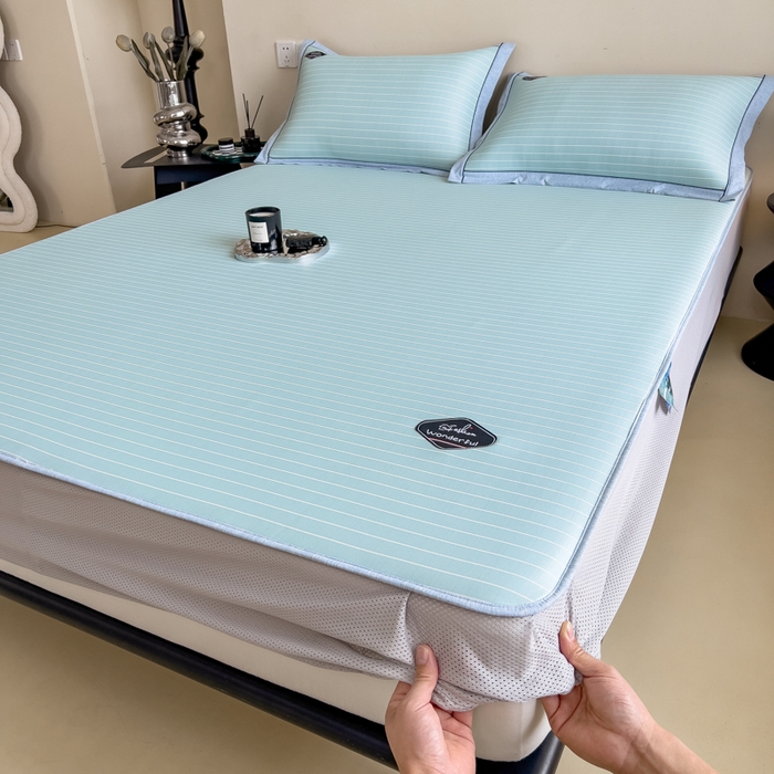 91家纺网 家纺一手货源 找家纺 印季家纺 2026新款凉感系列-丝滑凉感丝软席（床笠款） 条纹-蓝色