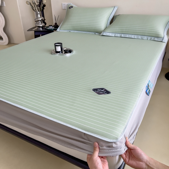 91家纺网 家纺一手货源 找家纺 印季家纺 2026新款凉感系列-丝滑凉感丝软席（床笠款） 条纹-绿色