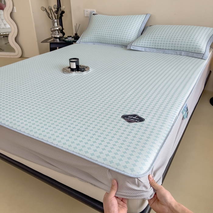 91家纺网 家纺一手货源 找家纺 印季家纺 2026新款凉感系列-丝滑凉感丝软席（床笠款） 圆点-蓝色