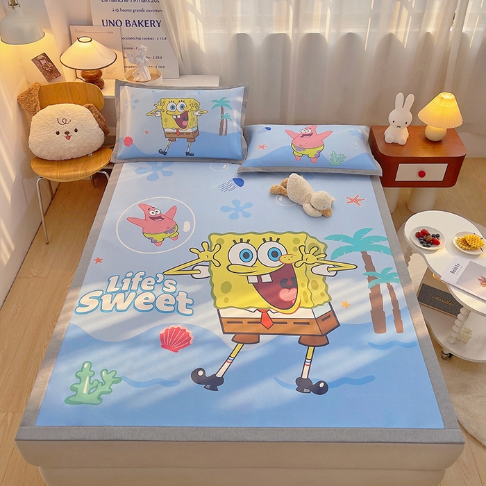 91家纺网 家纺一手货源 找家纺 云恋家纺 2026春夏新款大阪卡通冰丝凉席席子空调软席套件 大阪-海底海绵宝宝