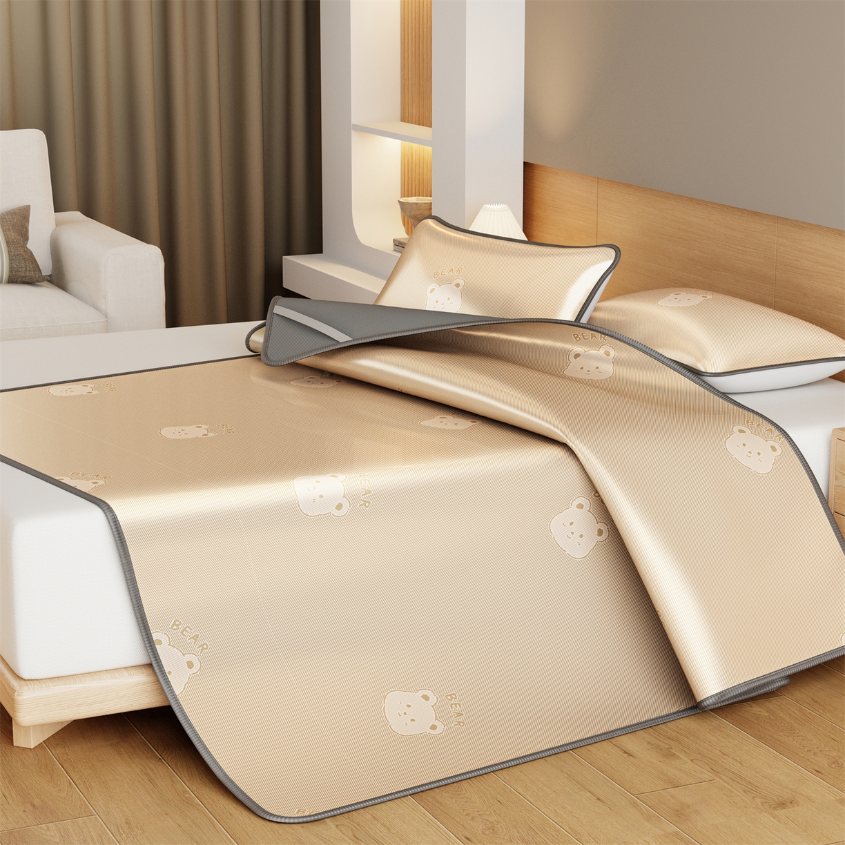 91家纺网 家纺一手货源 找家纺 源舍家纺 2026新款国标质检三明治复合糯叽叽冰丝软凉席成人床 冰丝熊-咖