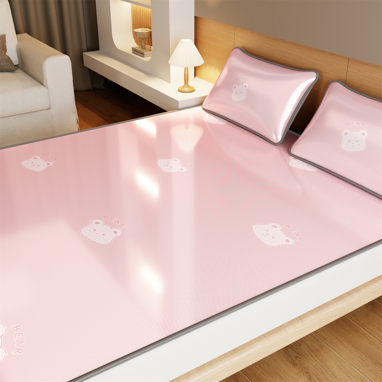 91家纺网 家纺一手货源 找家纺 源舍家纺 2026新款国标质检三明治复合糯叽叽冰丝软凉席成人床 冰丝熊-粉