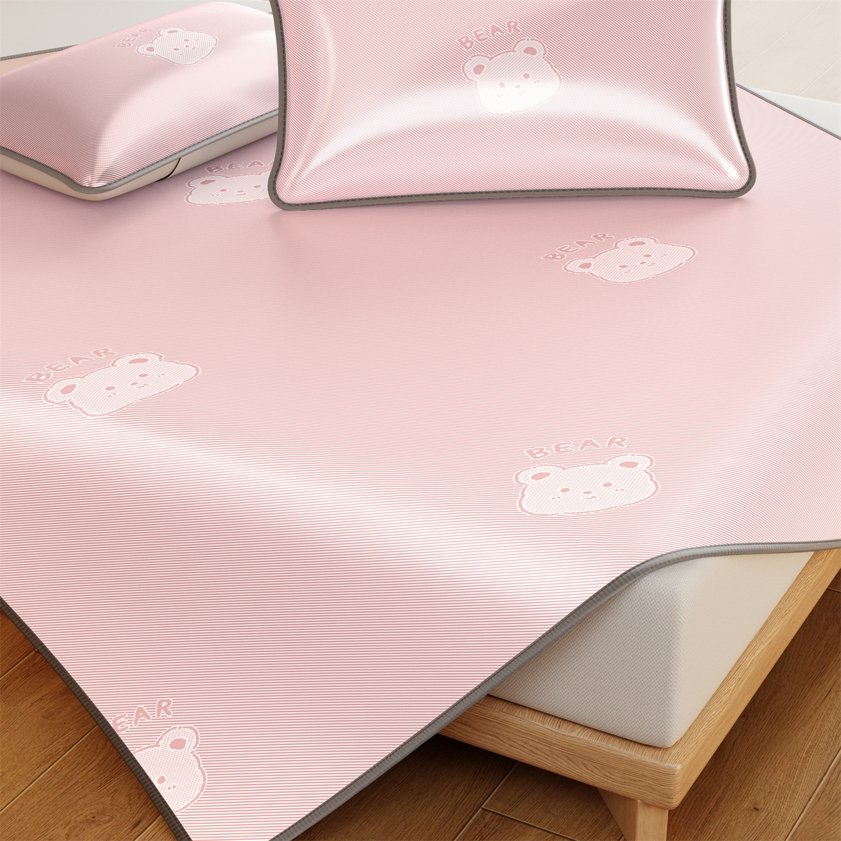 91家纺网 家纺一手货源 找家纺 源舍家纺 2026新款国标质检三明治复合糯叽叽冰丝软凉席成人床 冰丝熊-粉