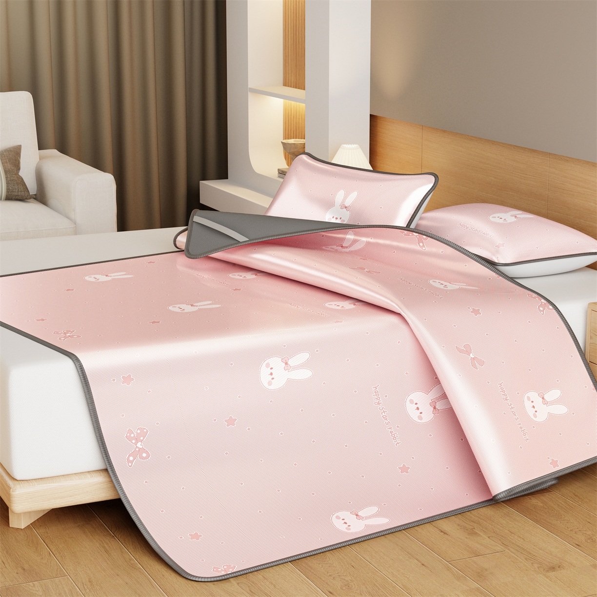 91家纺网 家纺一手货源 找家纺 源舍家纺 2026新款国标质检三明治复合糯叽叽冰丝软凉席成人床 冰丝兔-粉