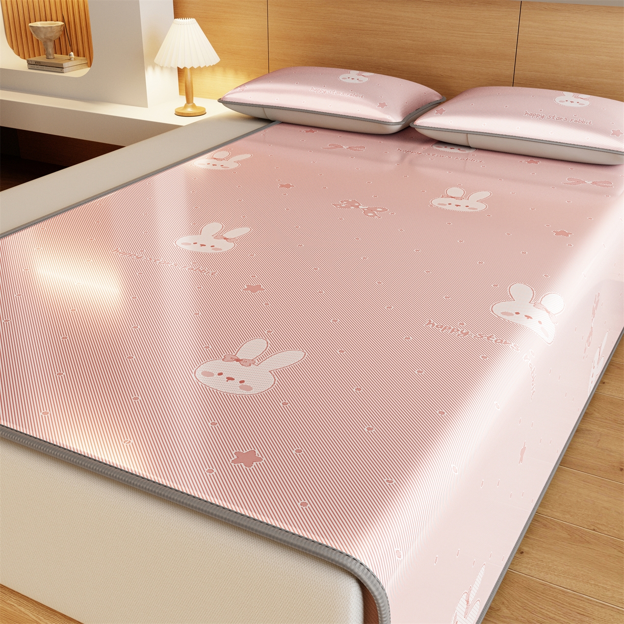 91家纺网 家纺一手货源 找家纺 源舍家纺 2026新款国标质检三明治复合糯叽叽冰丝软凉席成人床 冰丝兔-粉