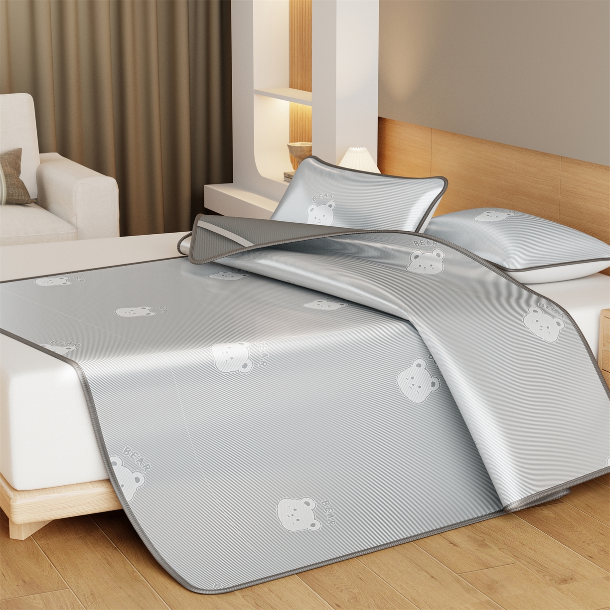 91家纺网 家纺一手货源 找家纺 源舍家纺 2026新款国标质检三明治复合糯叽叽冰丝软凉席成人床 冰丝熊-灰