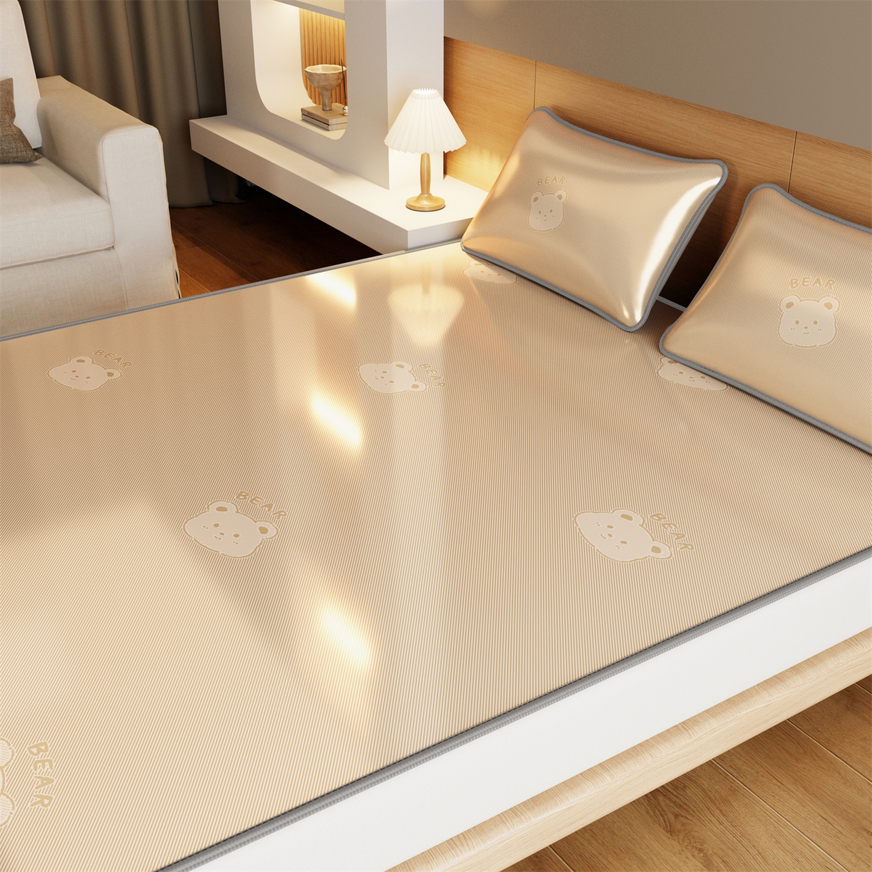 91家纺网 家纺一手货源 找家纺 源舍家纺 2026新款国标质检三明治复合糯叽叽冰丝软凉席成人床 冰丝熊-咖