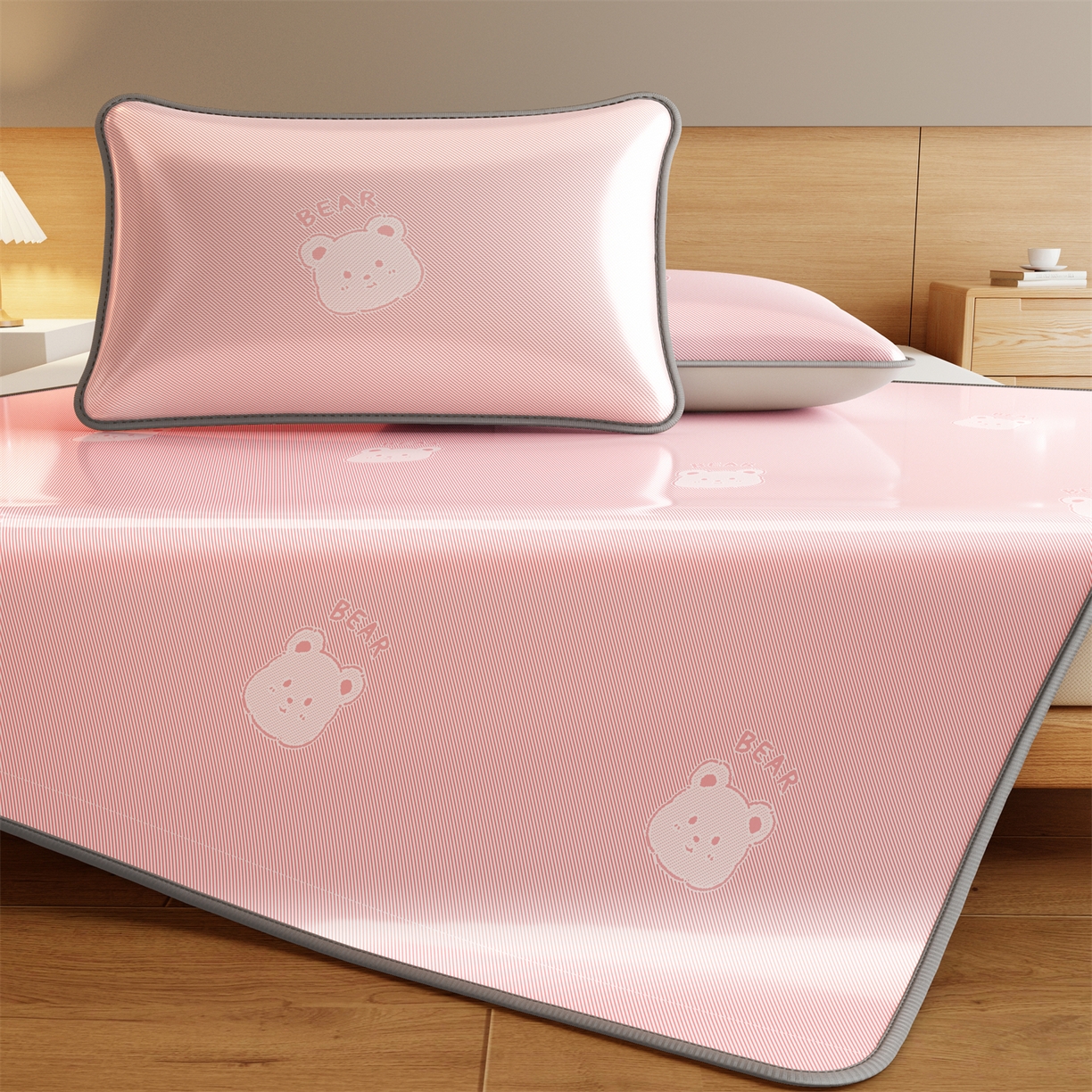 源舍家纺 2026新款国标质检三明治复合糯叽叽冰丝软凉席成人床 冰丝熊-粉