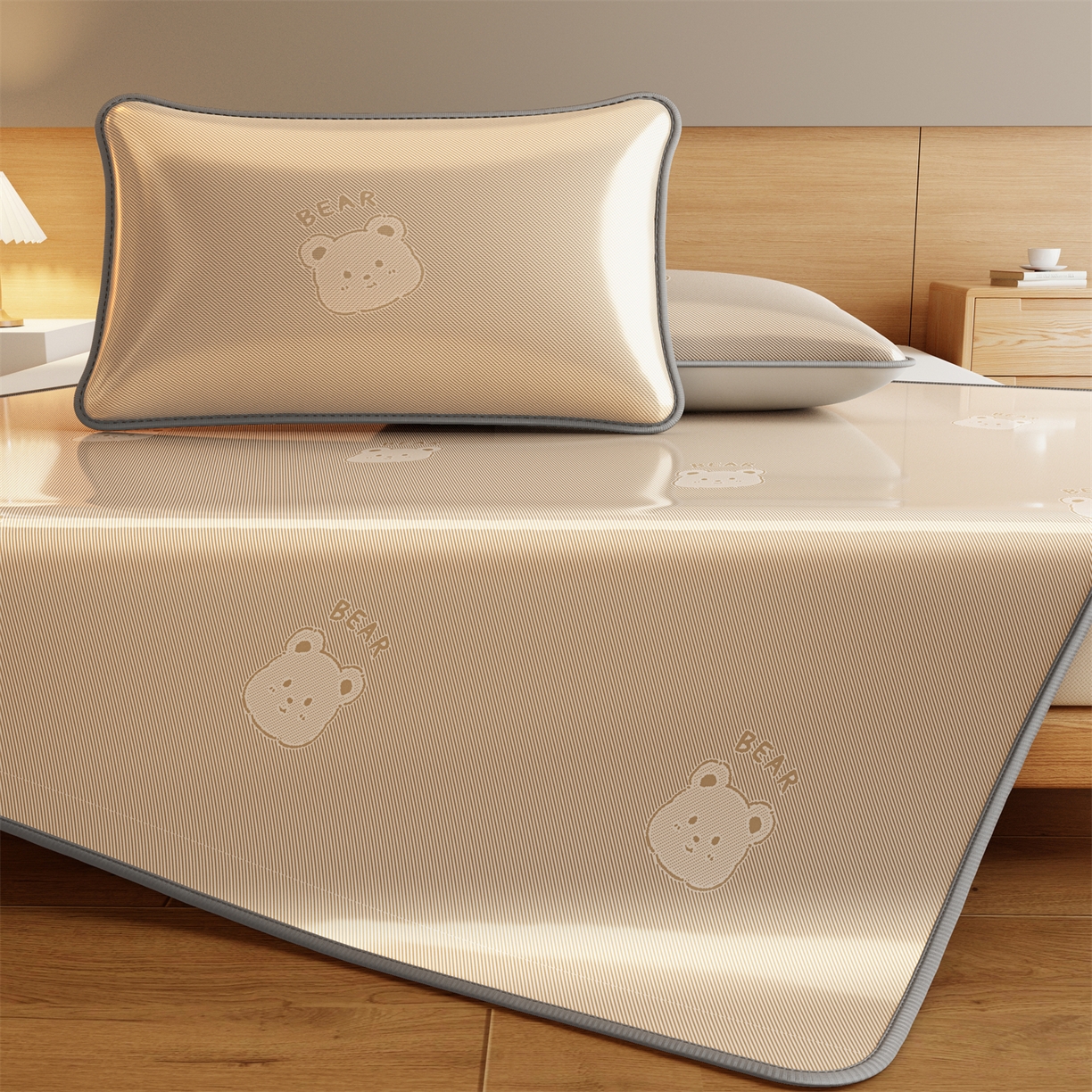 91家纺网 家纺一手货源 找家纺 源舍家纺 2026新款国标质检三明治复合糯叽叽冰丝软凉席成人床 冰丝熊-咖