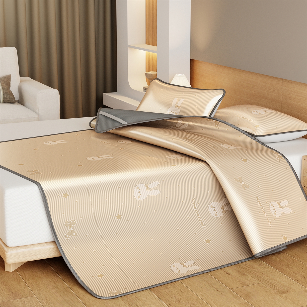 91家纺网 家纺一手货源 找家纺 源舍家纺 2026新款国标质检三明治复合糯叽叽冰丝软凉席成人床 冰丝兔-咖