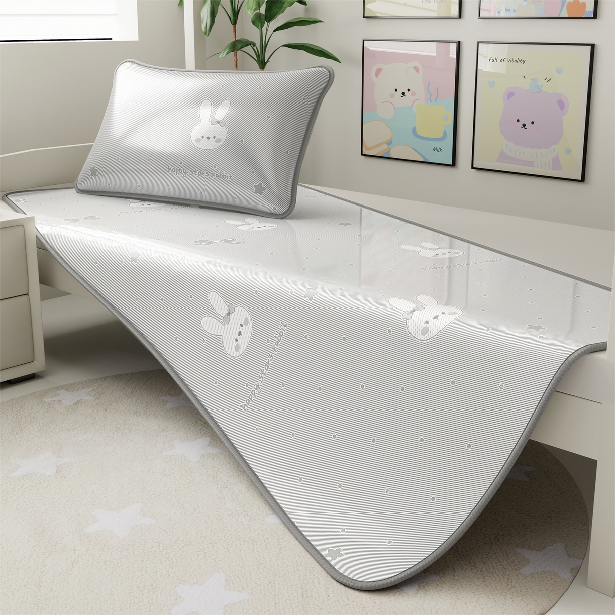 91家纺网 家纺一手货源 找家纺 源舍家纺 2026新款国标质检三明治复合糯叽叽冰丝软凉席学生床 冰丝兔-灰