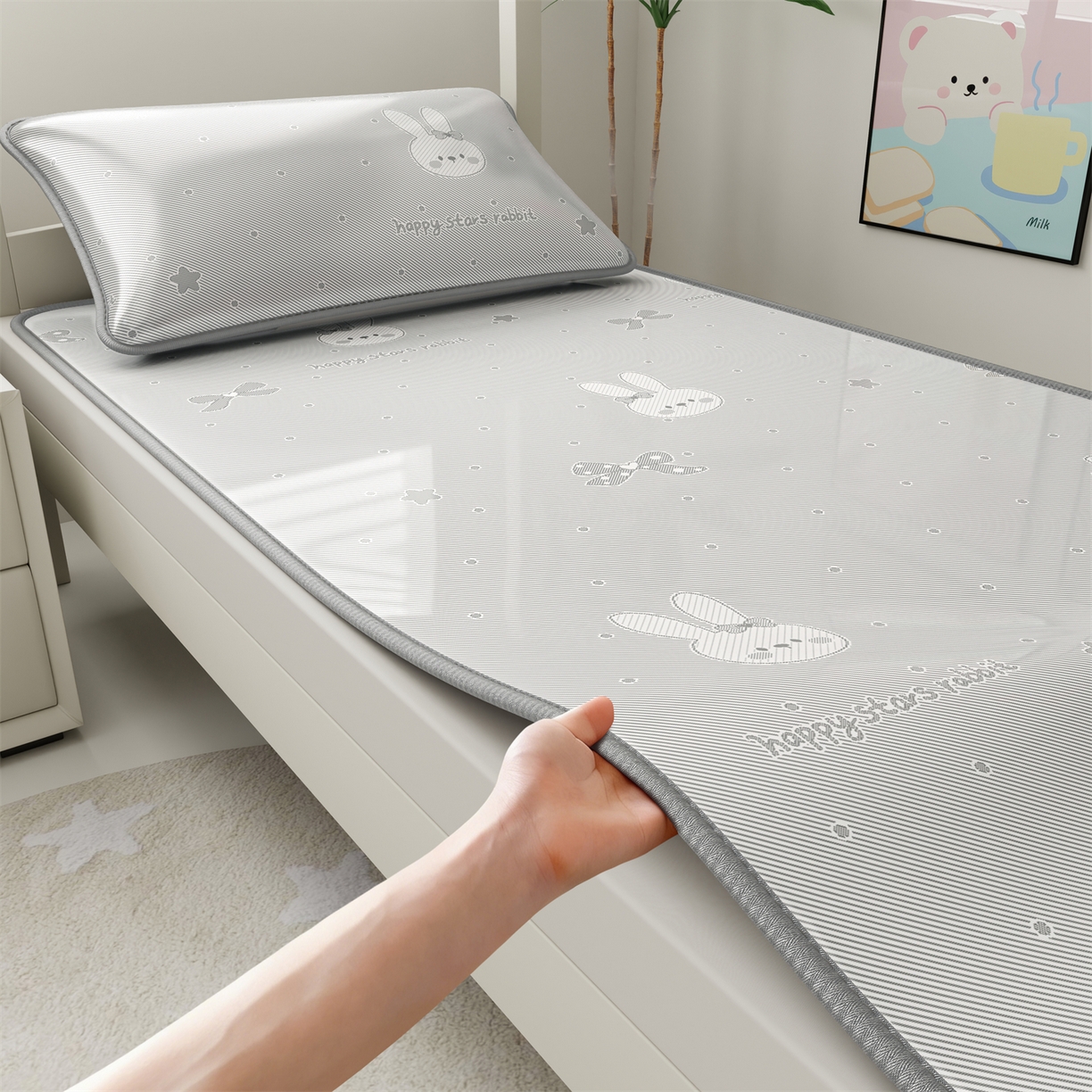 91家纺网 家纺一手货源 找家纺 源舍家纺 2026新款国标质检三明治复合糯叽叽冰丝软凉席学生床 冰丝兔-灰