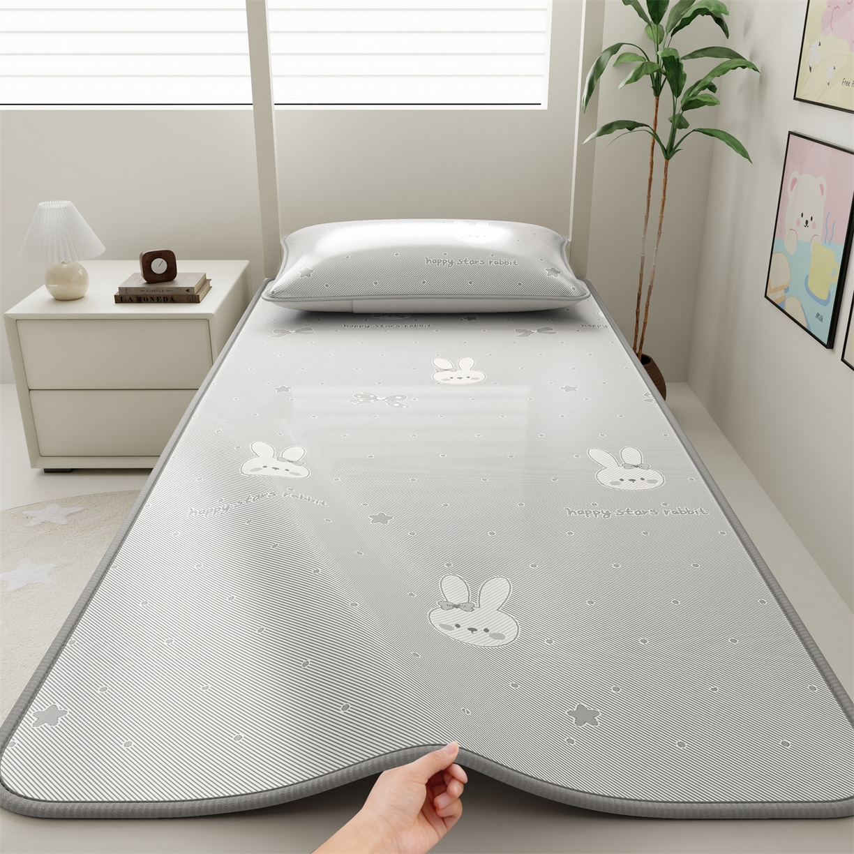 91家纺网 家纺一手货源 找家纺 源舍家纺 2026新款国标质检三明治复合糯叽叽冰丝软凉席学生床 冰丝兔-灰