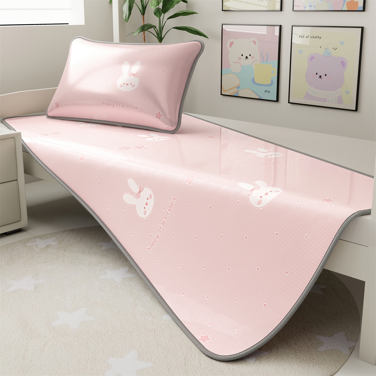 91家纺网 家纺一手货源 找家纺 源舍家纺 2026新款国标质检三明治复合糯叽叽冰丝软凉席学生床 冰丝兔-粉